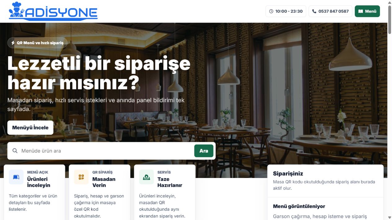 Adisyone müşteri QR menü ekranı